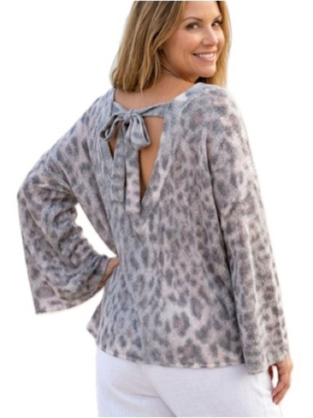 POL Lightweight Crochet Knit Leopard Print Sweater Size Large Slouchy Tie Back